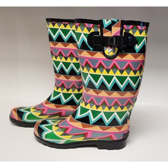 Corkys Shoes Women's Sunshine Multi Color Chevron Print Rain Boots Size 10 - Picture 2 of 12